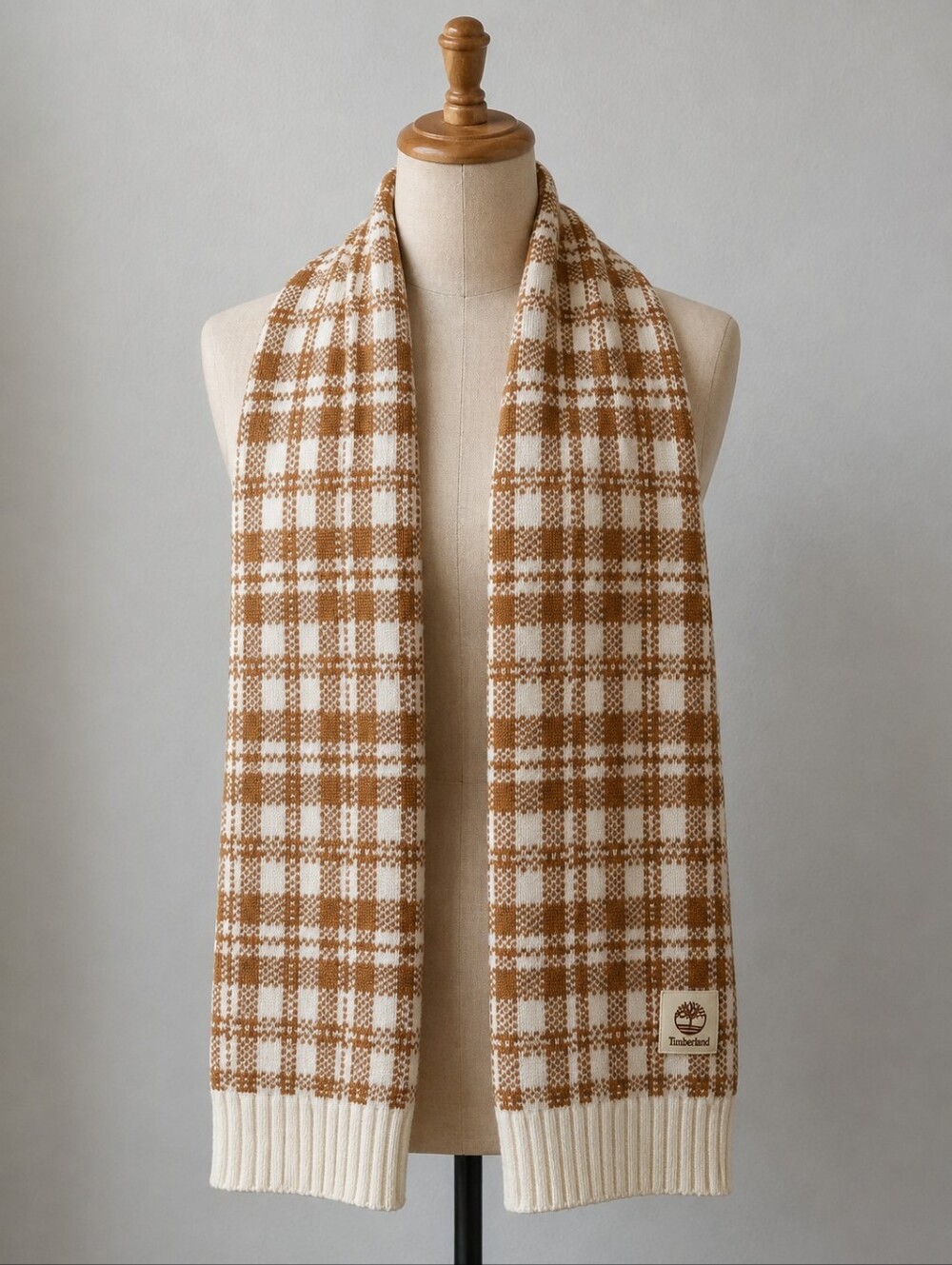 Timberland Cream and Brown Plaid Knit Scarf